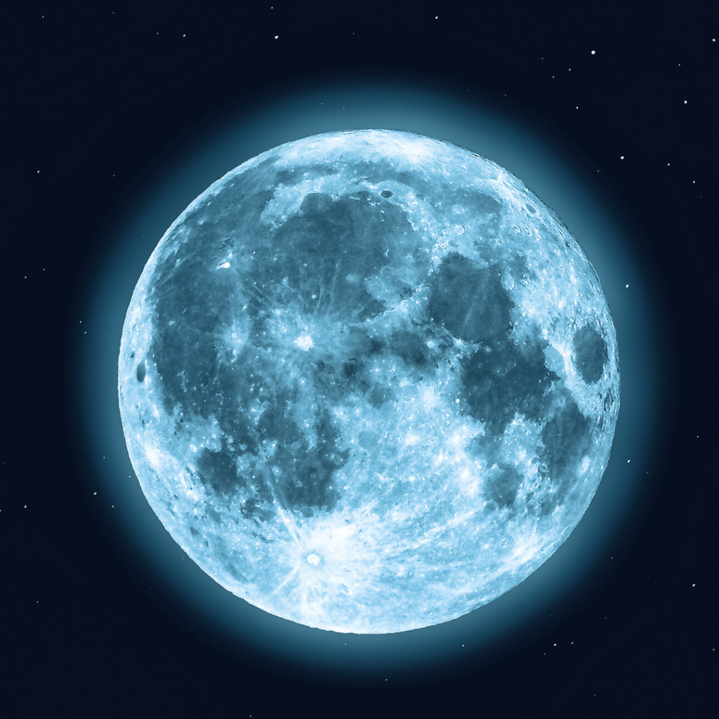 Illustration d'une pleine lune lumineuse dans un ciel étoilé, symbolisant la lune bleue de mai 2026.