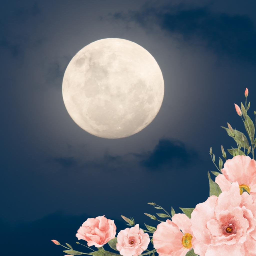Illustration de la pleine lune des fleurs de mai 2026 dans un jardin printanier.